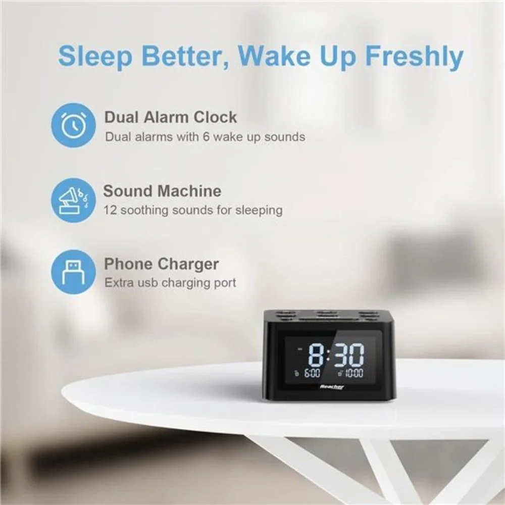 Dual Alarm Clock & Sleep Sound Machine, USB Charger, 12 Soothing Sounds